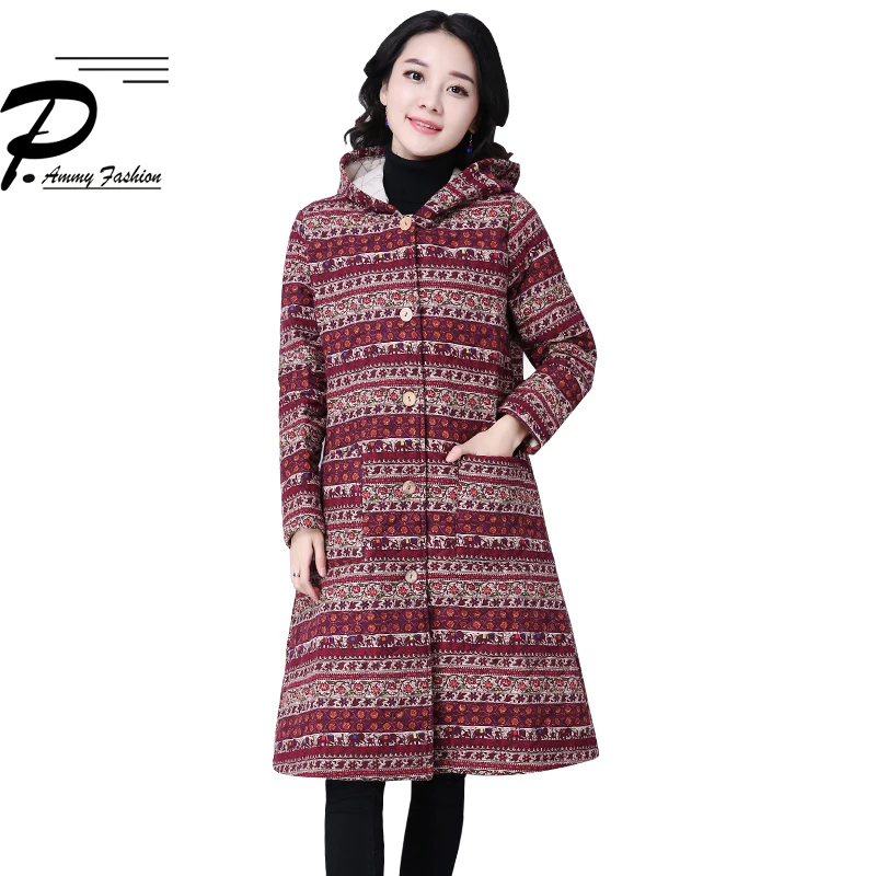 Winter Vintage Hooded Print Mid-Long Cardigan Retro Warm Long Sleeve Coat Oversized Plus Size Hoodies Thicken Cotton Jacket |