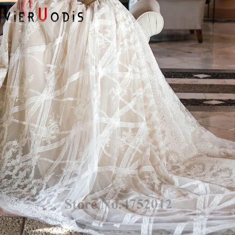 Vestidos De Novia Новое дизайнерское свадебное платье трапециевидной формы с часовым шлейфом элегантное без рукавов с кружевным орнаментом Тюлевое платье невесты