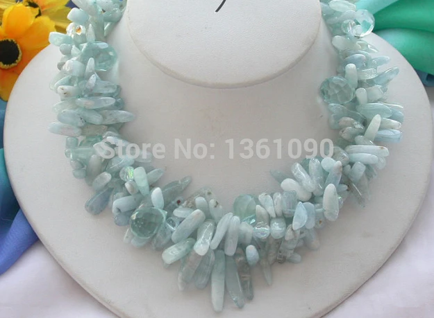 

00664 3row 17" Aquamarine stick drip faceted crystal necklace