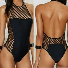 Женский купальник, сдельный, черный, открытая спина, монокини, сетка, купальник для женщин, Холтер, купальный костюм с пуш-ап, женский купальник