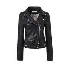 Модные мягкие Куртки из искусственной кожи Женские с длинным рукавом Короткие мотоциклетные женские пальто на молнии карманы осенние женские Куртки из искусственной кожи Большие размеры