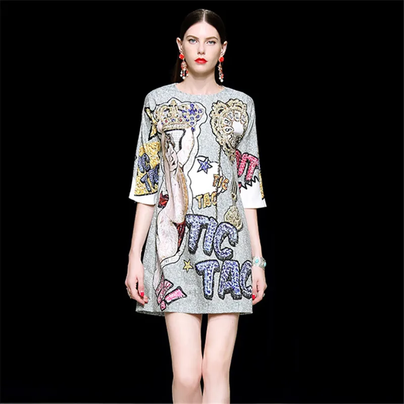 

2019 Summer Dress Fashion Vintage Print Dress women Three Quarter sleeves O-Neck Vestidos Ladies Casual Elegant Dresses Tide