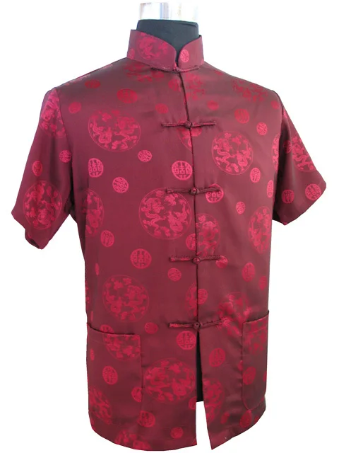 Темно-синяя китайская мужская шелковая атласная рубашка Кунг-фу с драконом Размер S M L XL XXL XXXL M2066 - Цвет: burgundy