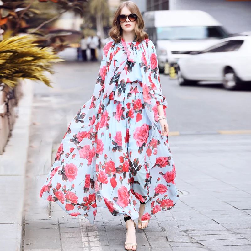 

Truevoker Stunning Designer Jumpsuit Women's Long Sleeve Elastic Waist Blue Floral Printed Overall With Long Cappa 2 IN 1