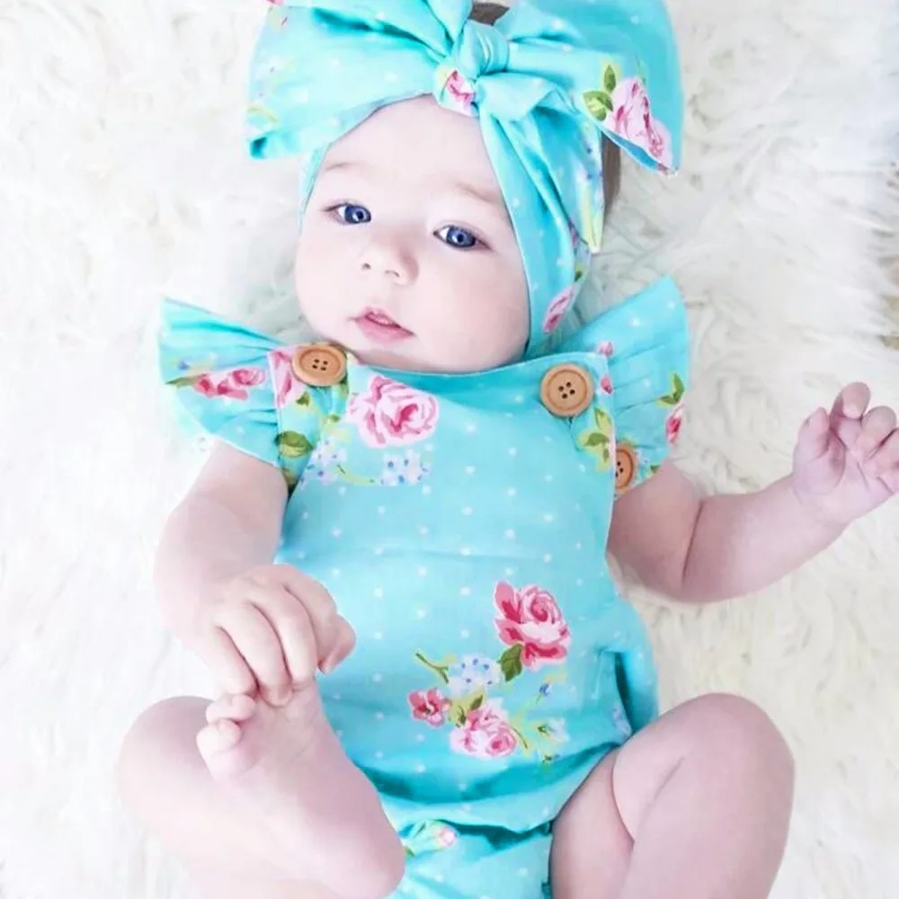 Newborn Baby Girls Clothes Tops Flower Jumpsuit Bodysuit Short Sleeve Flower Headband 2pcs Outfits Baby Girl 0-18M