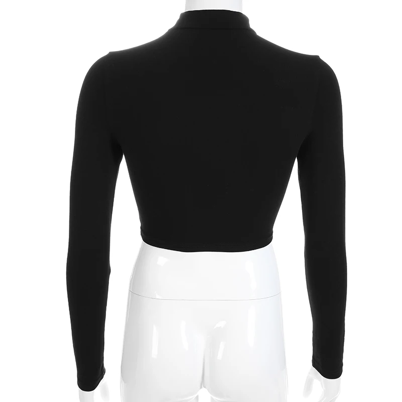 Weekeep, Черная открытая футболка с длинным рукавом, женская сексуальная укороченная трикотажная футболка, уличная мода, укороченный топ