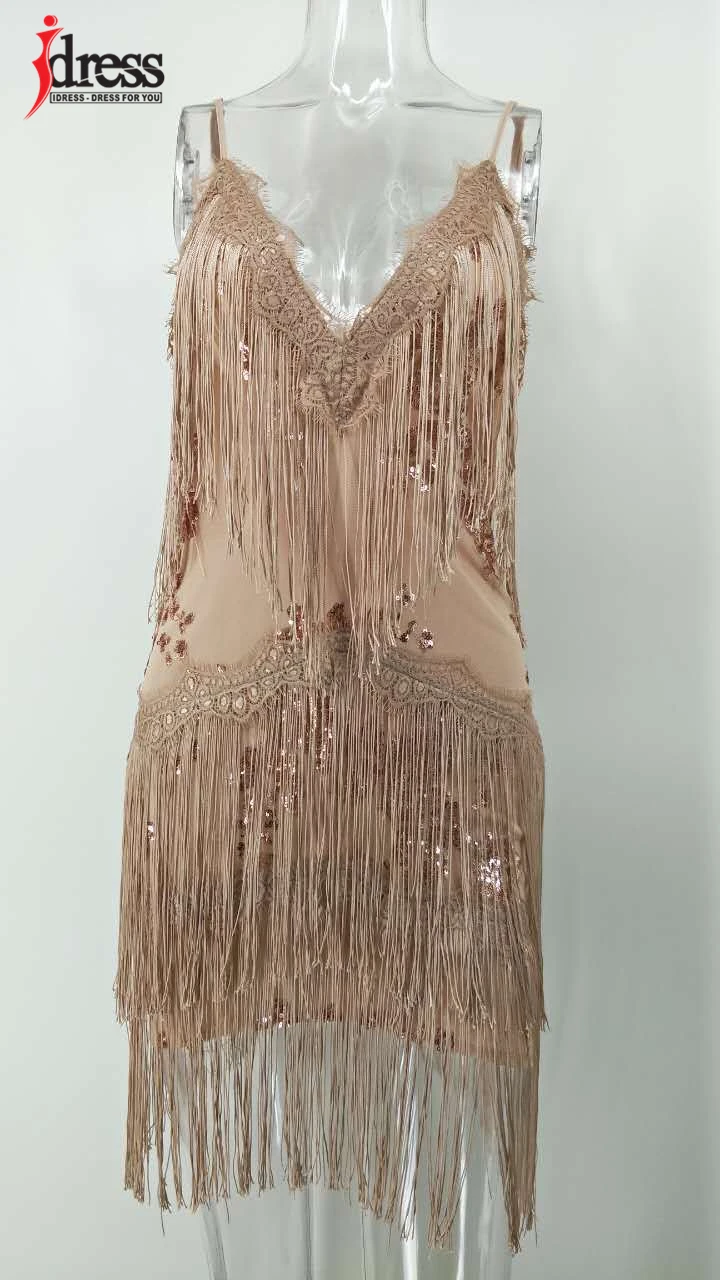 IDress Luxury Sexy Women Summer Sequin Dress 2018 Casual Sleeveless Tassel V Neck Club Party Dresses Gown Woman Bodycon Vestidos (2)