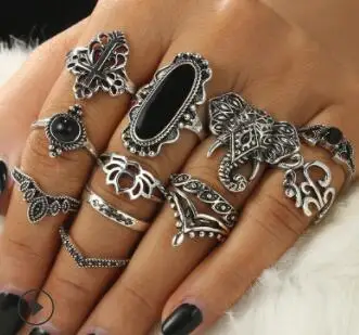 

12 Pcs/ Set Punk Female Om Elephant Cross Lotus Leaf Crown Gem Silver Hollow Ring Set Personality Girl Party Jewelry Accessories