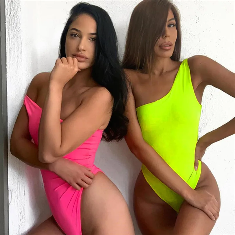 

One shoulder slope neckline bodysuit single Sleeveless 2019 Summer Women sexy Candy Color solid swimsuit female beachwear