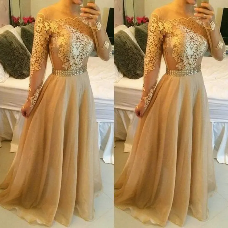 Gold Evening Dress Lace And Oganza Vestidos De Festa Long Sleeve Gold Evening Dress Lace And Oganza Vestidos De Festa Long Sleeve Formal Off The Shoulder In Dresses From Weddings Events
