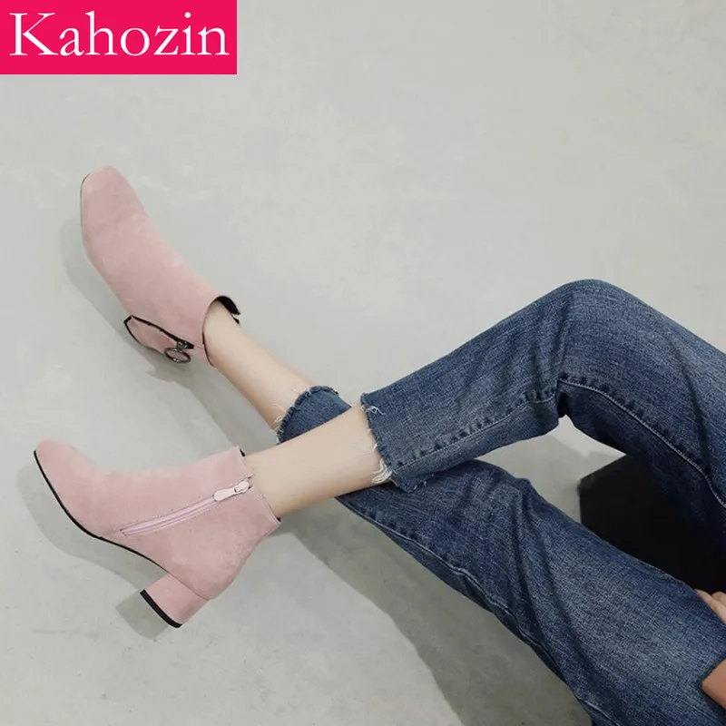 

Kahozin Ankle Boots for Women Spring/autumn Round Toe Square Heel Zip Pink Faux Suede Slim Boots Comfortable office Shoes Woman