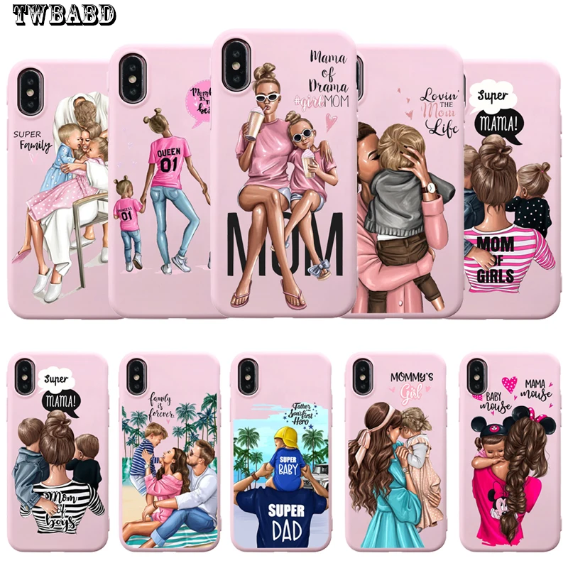 

Soft Pink Silicone Phone Case for iPhone 8 Brown Hair Girl Baby Fashion Super Mom for Iphone 7 6 6S Plus X XS MAX XR 10 Etui