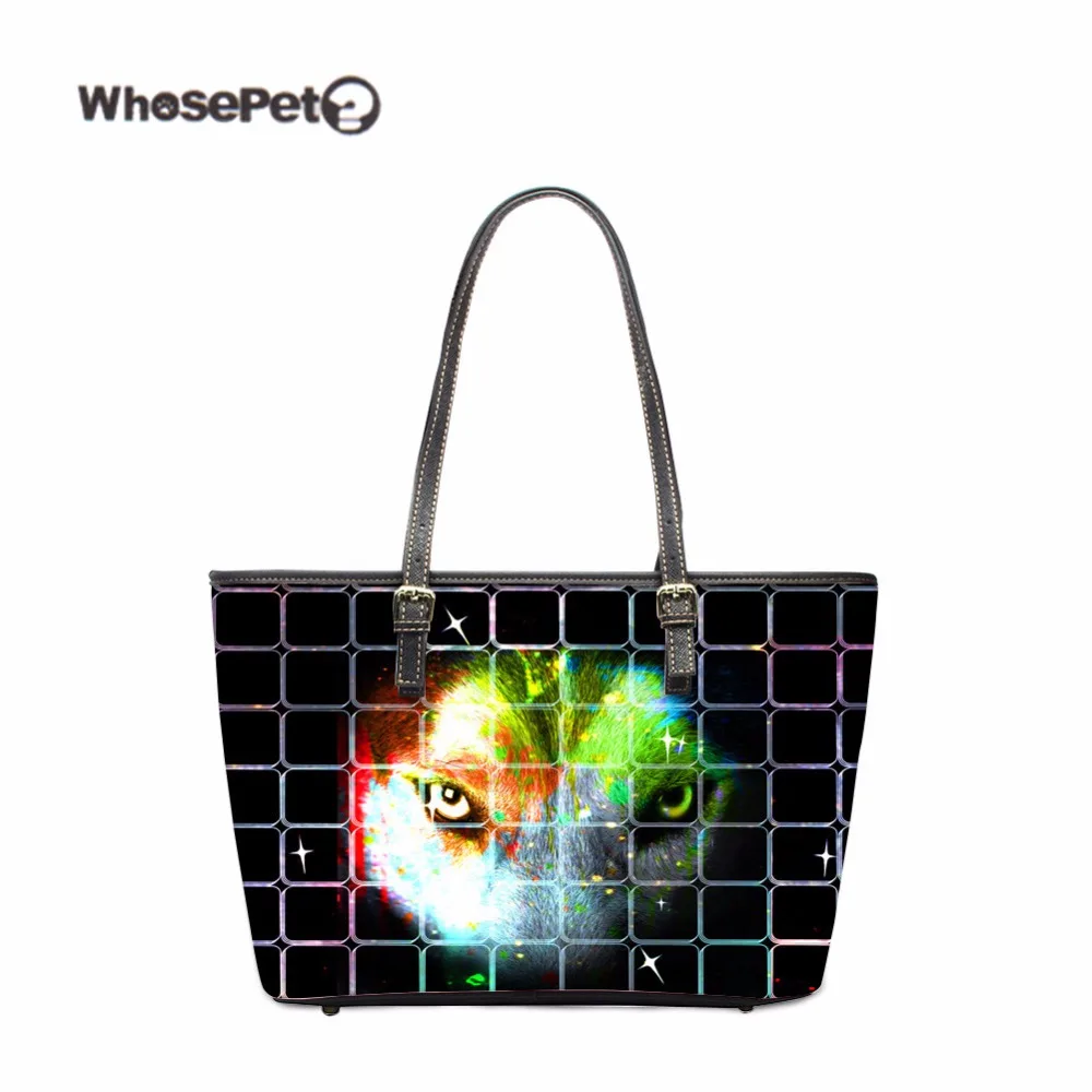 

WHOSEPET Wolf Bird Printing Women Pu Leather Bag Lady Black Top-Handle Bags High Quality Girls Handbag Travel Shoulder Bags Cool