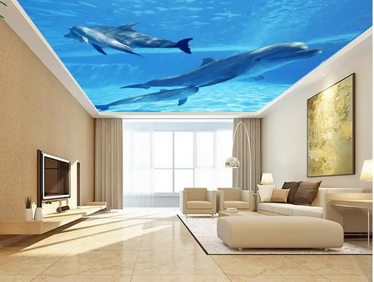 Blue Underwater World Dolphin ceiling 3d wallpaper living