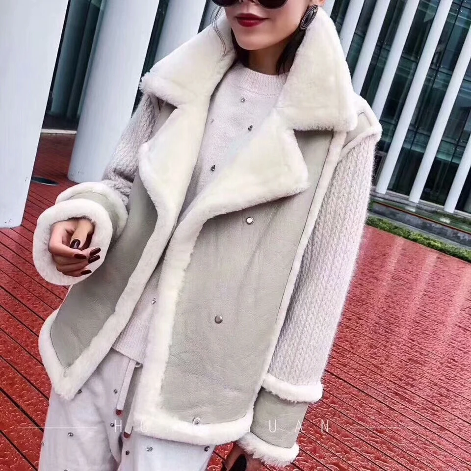 Guaranteed Real Fur Coat Women Natural Fur Jacket Lady Sheepskin Shearling Genuine Clothing Loose Turn Down Collar Fur Real