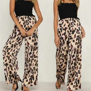 

2018 Womens Leopard Print Fashion Pants Wide Leg High Waist Flared Trousers Loose Long Pants