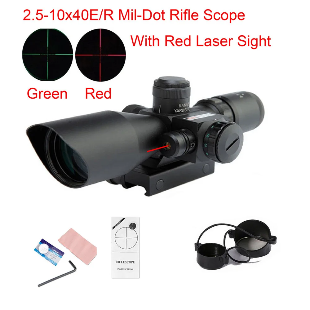 

2.5-10X 40 E/R Mil-Dot RifeScope with Red Laser Sight Optical Sight Hunting Rifle Scope ShockProof Fogproof for Hunting