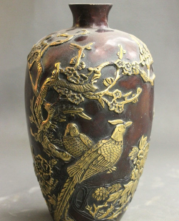 

8" Chinese Bronze Gilt Magpie Bird Plum Flower Tree Statue Bottle Jar Pot Vase