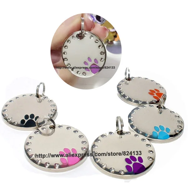 New Arrivals 2016! 30mm Round Crystal Paw Dog Tag Pet Tag Id Tags