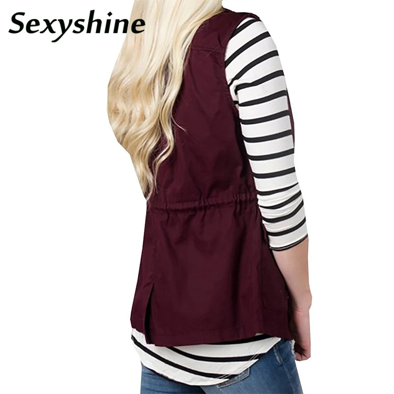 Sexyshine Womens Solid Sleeveless Lightweight Vest Drawstring Zippered Military Jacket Vests Outerwear with Pockets