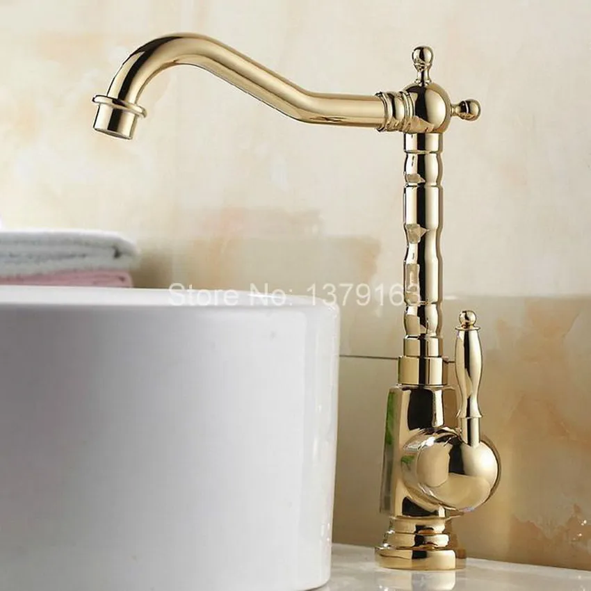  Luxury Modern Gold Polished Brass Single Handle Swivel Spout Bathroom Kitchen Sink Faucet Cold & Ho - 32362139877