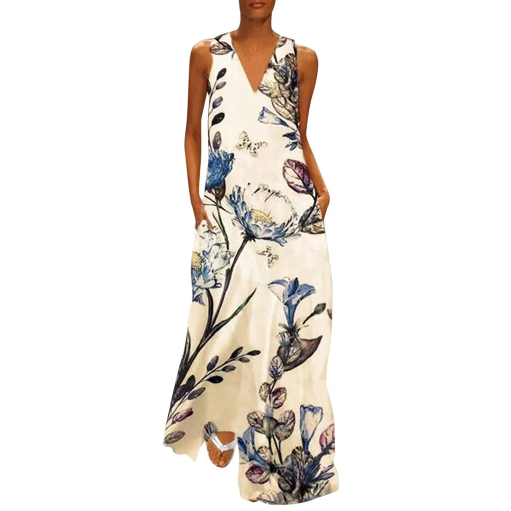 

party dress robe longue Women's Casual Sleeveless V-neck Flower Print Maxi Tank Long Dress 90704