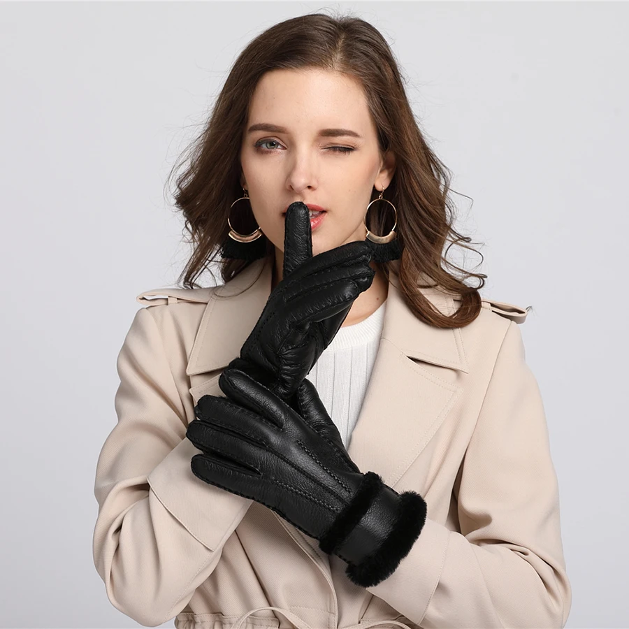 Buy YCFUR Fashion Women Winter Gloves Mittens Warm Heavy Genuine Sheepskin Fur