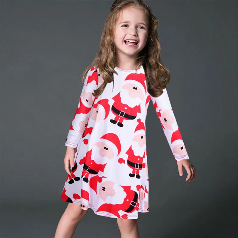 

2018 Autumn Winter Chrimas Day Clothes Kids Girls Long Sleeve O Neck Santa Claus Snowman Elk Print Dress Casual Slim Child Dress