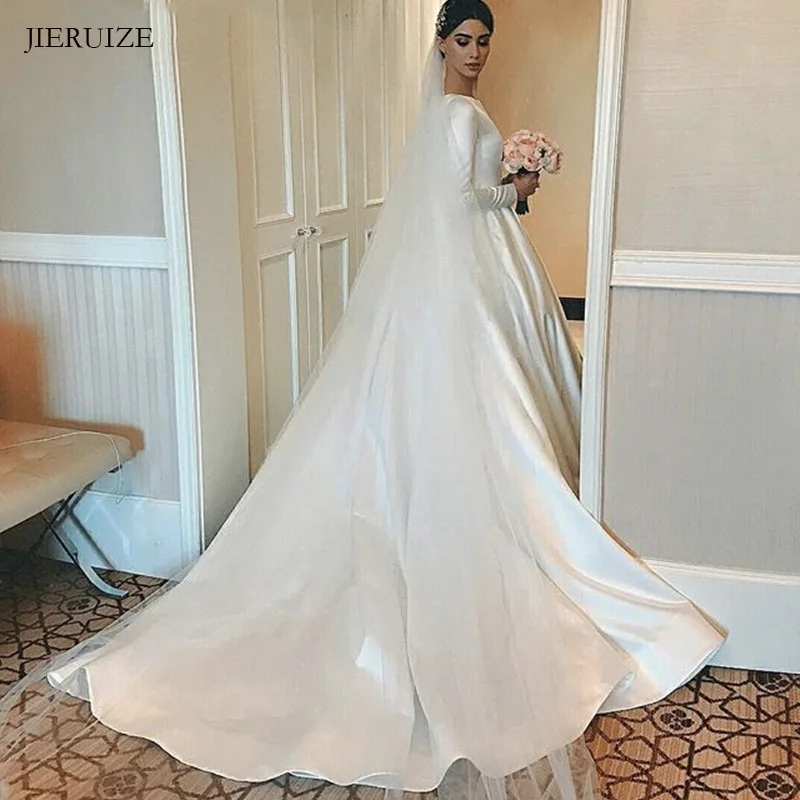 

JIERUIZE White Satin Simple Wedding Dresses Long Sleeves Muslim Wedding Gowns Bride Dresses robe de mariee