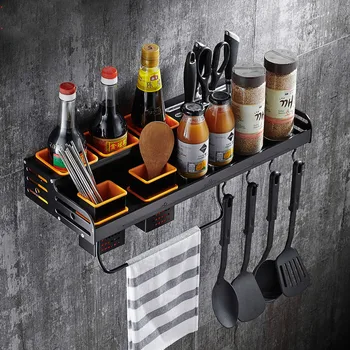 

Black kitchen rack space aluminum kitchen seasoning wall hanging hardware pendant knife rack storage rack LU50712