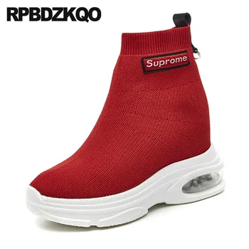 

wedge sneakers women ankle boots 2018 round toe red high heel flatform shoes sock muffin booties platform harajuku lycra stretch