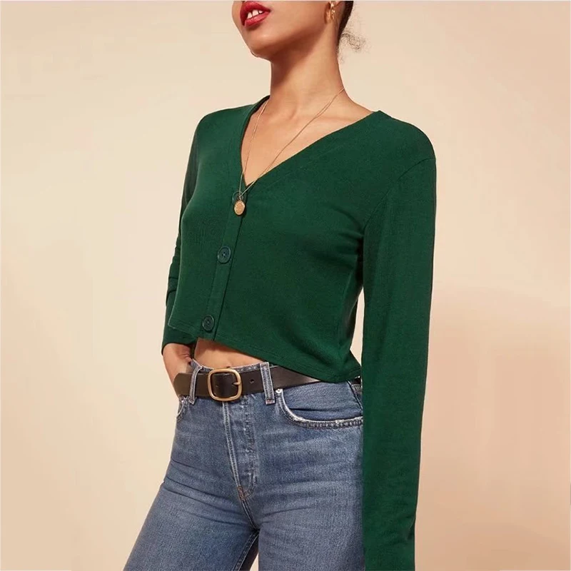 

2019 Spring Summer Women Autumn Fashion Women Draw-string Cardigans with Buttons Deep V Neck Crop Knit Jumpers 5 Colors