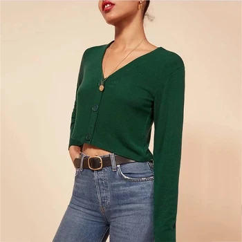 

2020 Spring Summer Women Autumn Fashion Women Draw-string Cardigans With Buttons Deep V Neck Crop Knit Jumpers 5 Colors