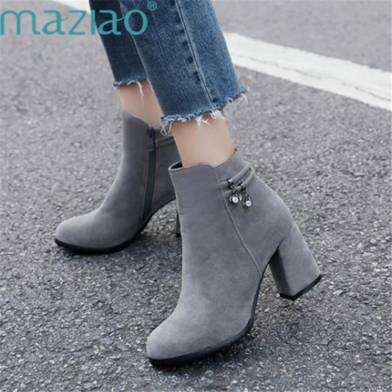 

Side Zipper Boots Women Leather Round Toe Rhinestone Boots Ankle Boots Square Heels Short Boots MAZIAO