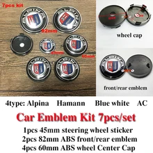 7Pcs Kit Alpina Front Hood Logo Rear Trunk Label Steer Wheel Badge Wheel Hub Cap Head Bonnet Cover Boot Emblem 82mm 60mm 45mm