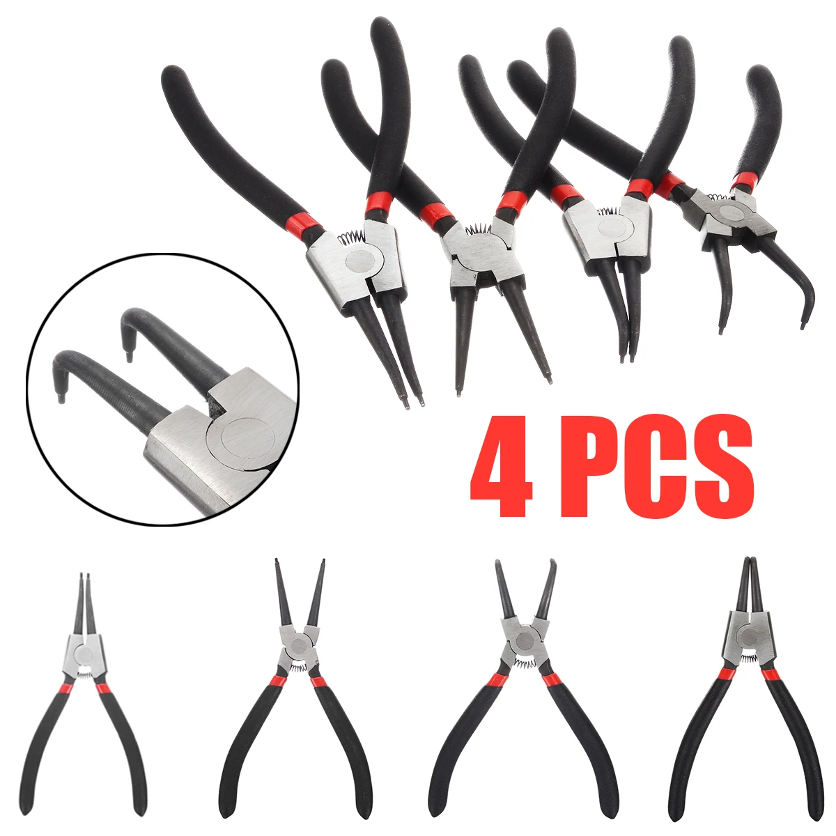 4Pcs 7" Internal External Pliers Retaining Clips Multi Snap Ring Circlip Pliers Straight Bent Head Portable For Hand Tools