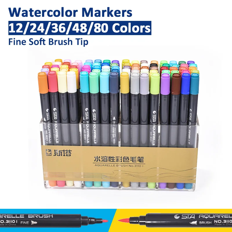 Non toxic Twin Tip Brush Marker Pen Set 12/24/36/48/80 Color Graffiti Water Based Ink Sketch