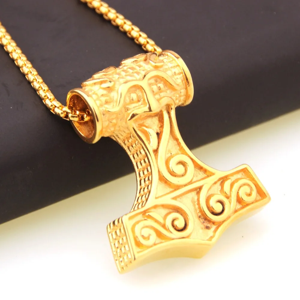 

Hip Hop Stainless Steel Silver/Gold/Black Viking Mjolnir Rune Thor Hammer Amulet Box Chain Pendant Necklace Men's Boy's Jewelry