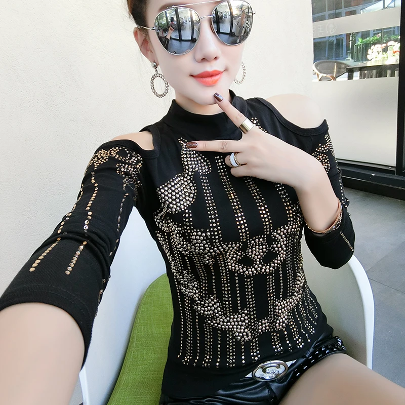 

Sexy Off Shoulder Diamonds Pullover Tshirt 2019 Spring Autumn New Women Long Sleeve Stand Bottoming Shirt Clothes T92911
