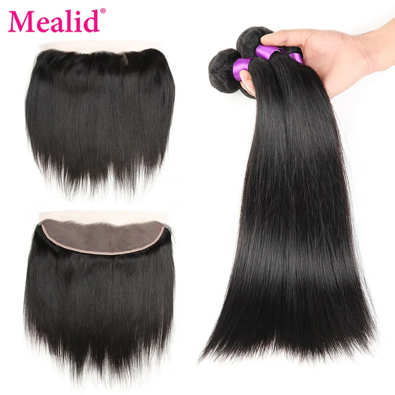 Mealid Brazilian Hair Weave Bundles With Frontal Nonremy Straight Human Hair Bundles With Closure Frontal with Bundles Free Part