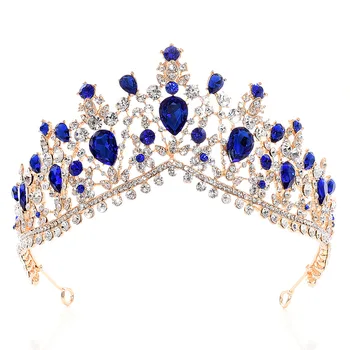 

Women Vintage Crown Wedding Hair Accessories Bridal Mujer Rhinestone Head Piece Hair Jewelry Bride Royal Blue Tiaras and Crowns