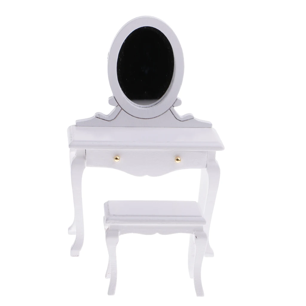 1/12 кукольный домик мини мебель спальня белый деревянный туалетный столик и стул ролевые игры игрушка набор для девочек - Цвет: White