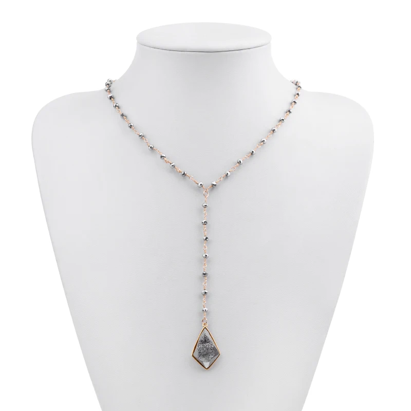 Трендовая натуральная полудрагоценная Подвеска из каменной друзы, ожерелье s для женщин, золотые хрустальные бусины, цепочка, геометрическое ожерелье Drusy NKS237