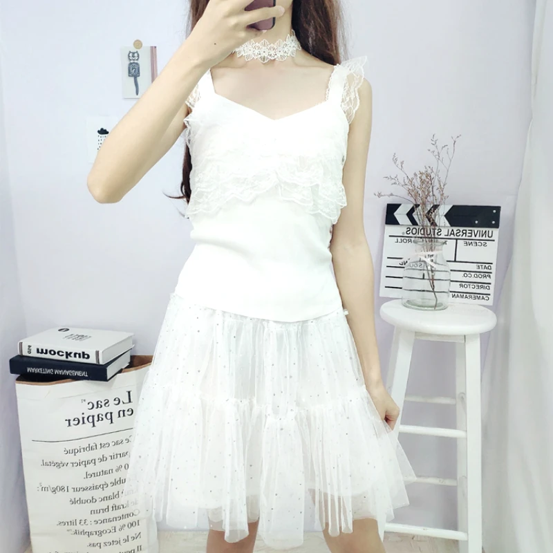 

Sweet Cute Sleeveless Strap Girls Tank Tops Slash Neck Chic Lace Knitted Student Tank Tops Hollow Out Lace Student Shirt Shawl