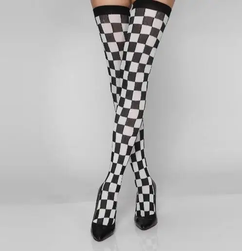 Fashion Stockings for Women Sexy Knee Socks New Women Grid Stockings Female Cotton Thigh High Stockings Black with white