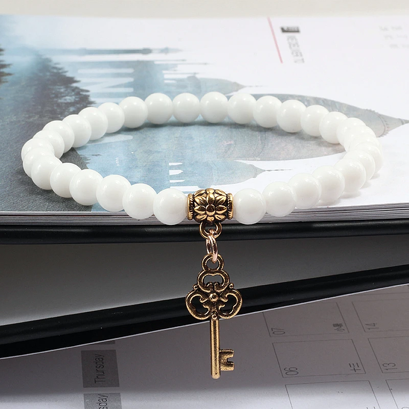 

6mm Fashion Men Bracelet Gold Alloy Key Pendant Natural Stone Turquoises Beads Strand Bracelets Bangles Male Women Jewelry Gifts