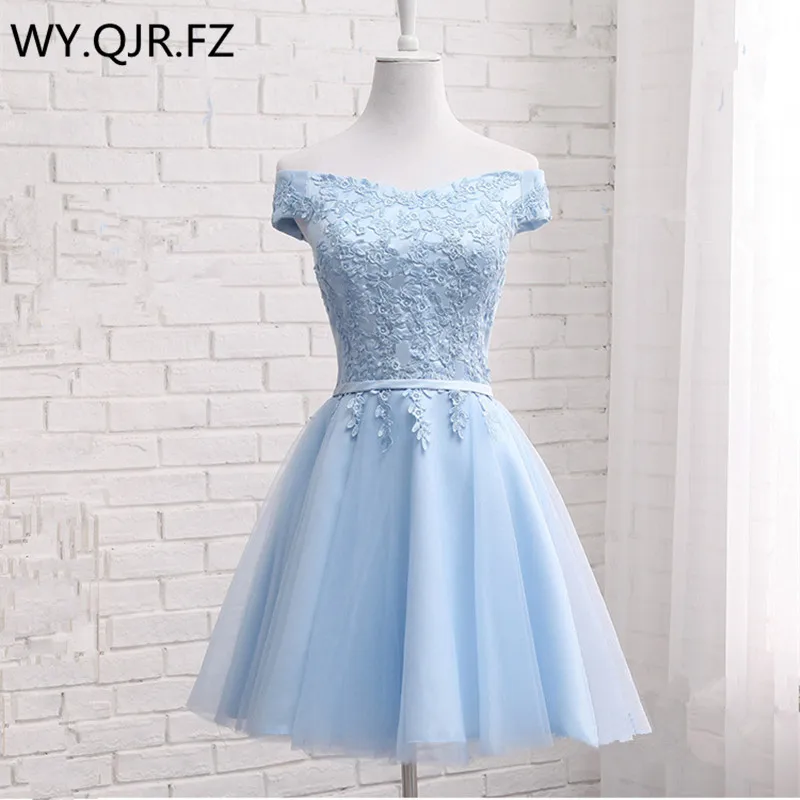 JFN85 # синие короткие платья подружки невесты с вырезом лодочкой на шнуровке