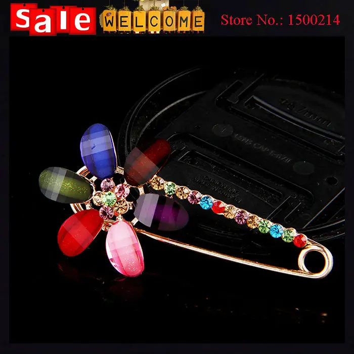 Colorful Rhinestone Crystal Golden Brooch Pin Opal Stone Candy Color Flower Women’s Brooch Scarf Clip Pashmina Loop Shawl Buckle