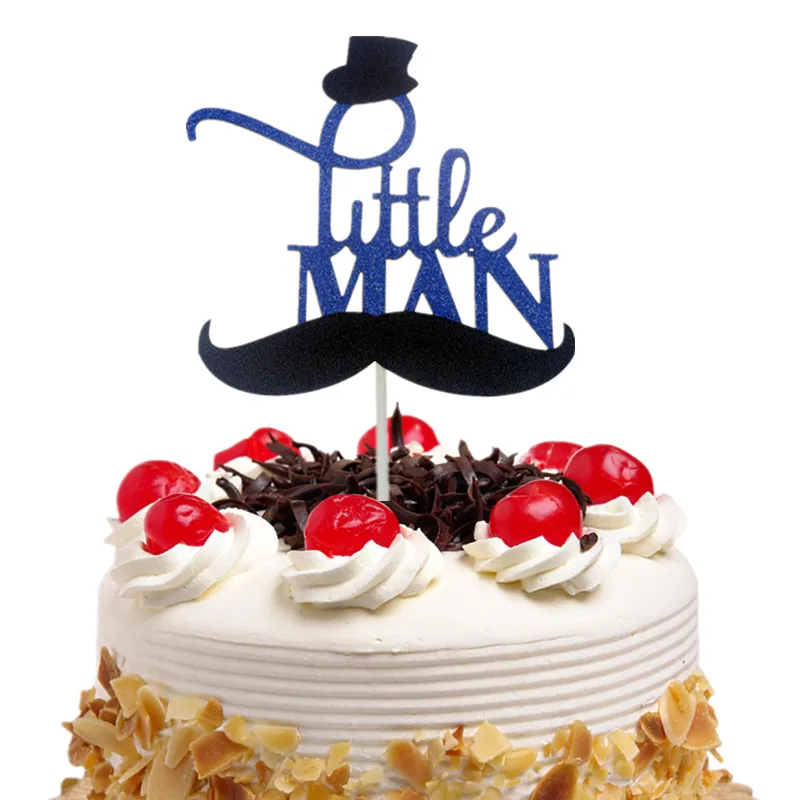 Cake Toppers Flags Glitter Dark Blue Moustache Little Man Cupcake Topper Kids Birthday Wedding Baby Shower Baking Party DIY Xmas