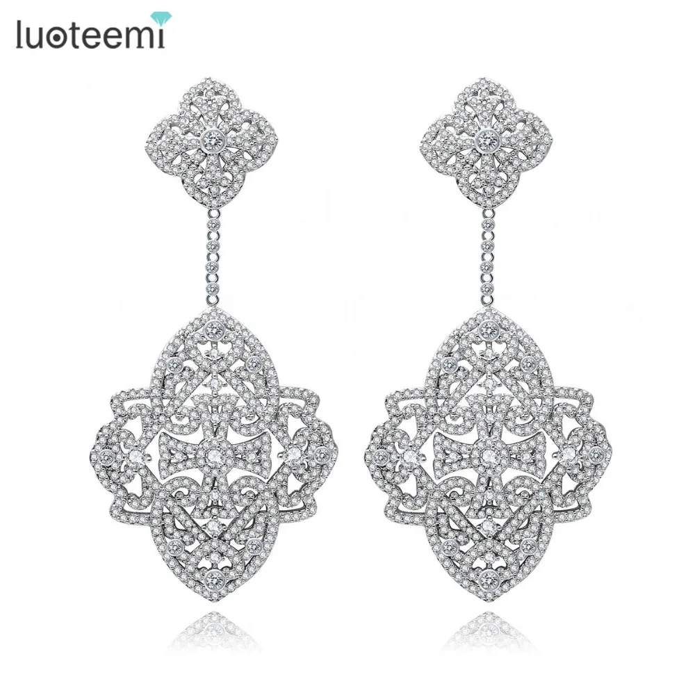 LUOTEEMI New Korea Style Big Brincos White Gold Color Elegant Jewelry Full Cubic Zircon Sparkling Drop Earring Double Flowers